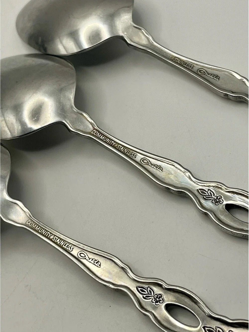 (3) Oneida Community FANTASY Burnished Stainless Pierced Hndl Teaspoon Lot ~ 6”